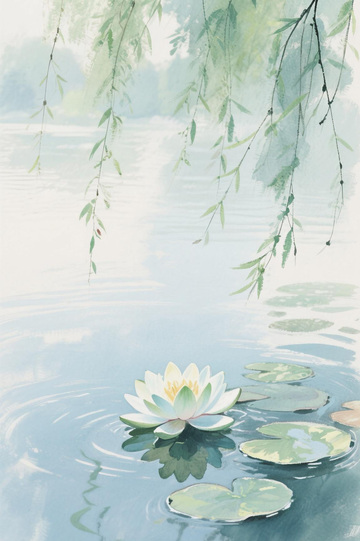 岸边垂柳池中莲