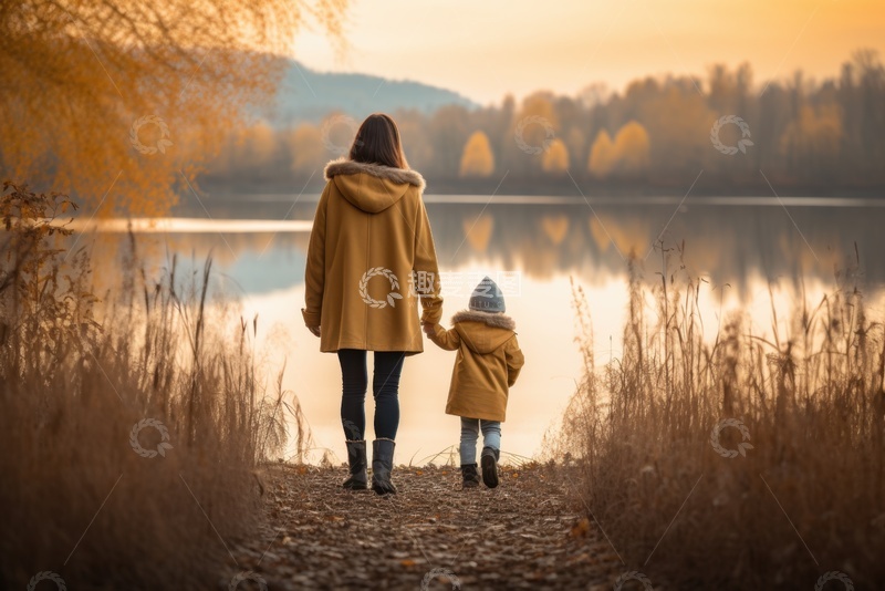 高清大图下载【趣麦麦图】母亲和孩子在湖边看风景