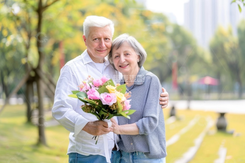 高清大图下载【趣麦麦图】公园里抱着鲜花束的老年夫妻