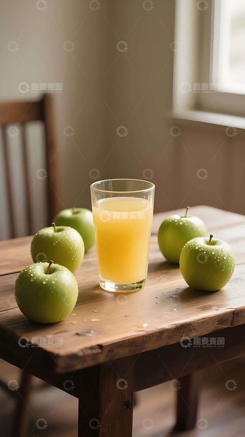 高清大图下载【趣麦麦图】清新自然实景青苹果与鲜榨果汁的静物组合