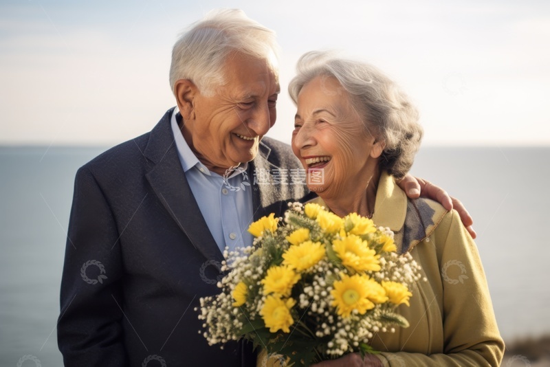 高清大图下载【趣麦麦图】抱着一束鲜花的老年夫妻