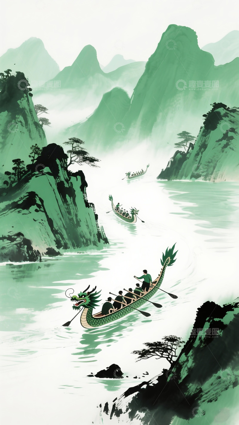 高清大图下载【趣麦麦图】龙舟争渡古风水墨海报