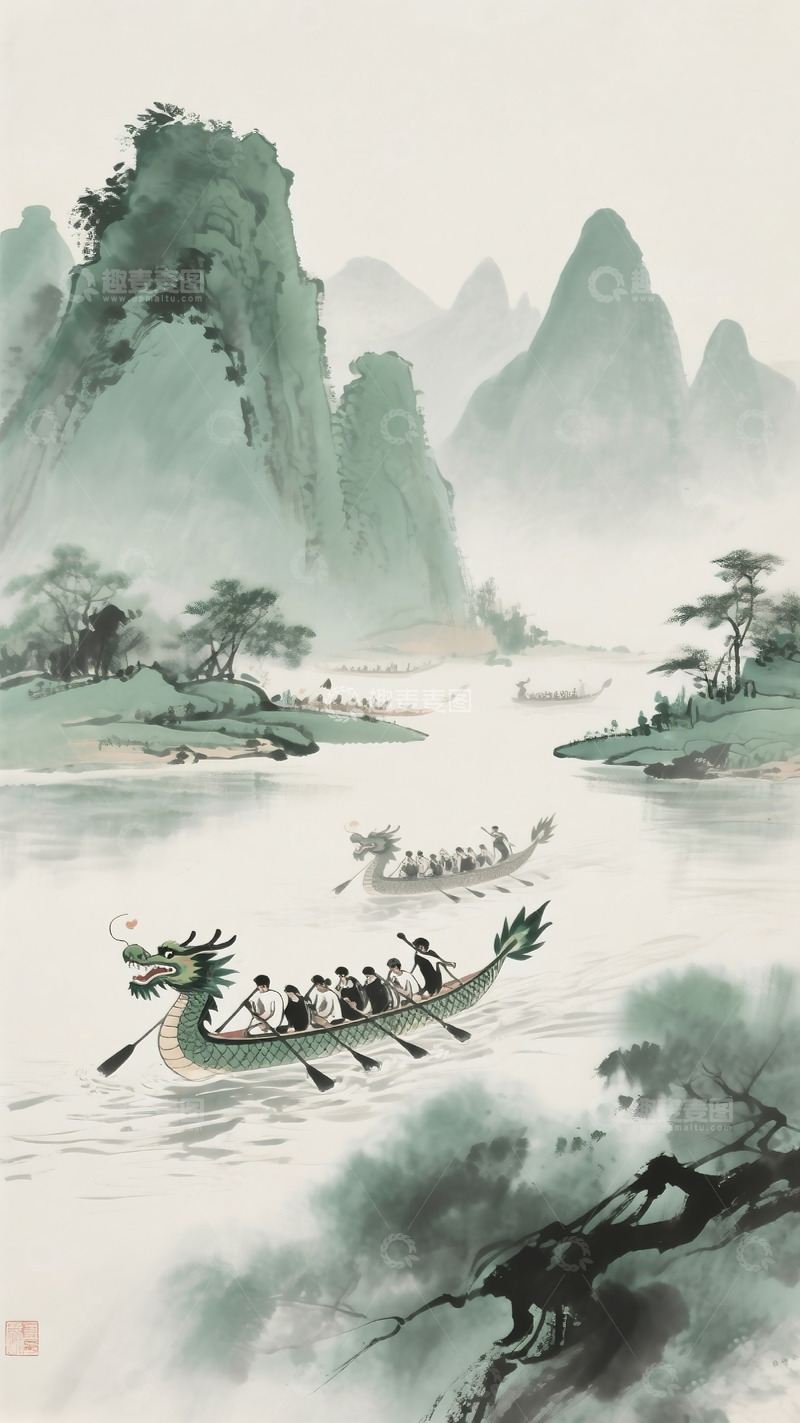 高清大图下载【趣麦麦图】水墨风端午龙舟争渡
