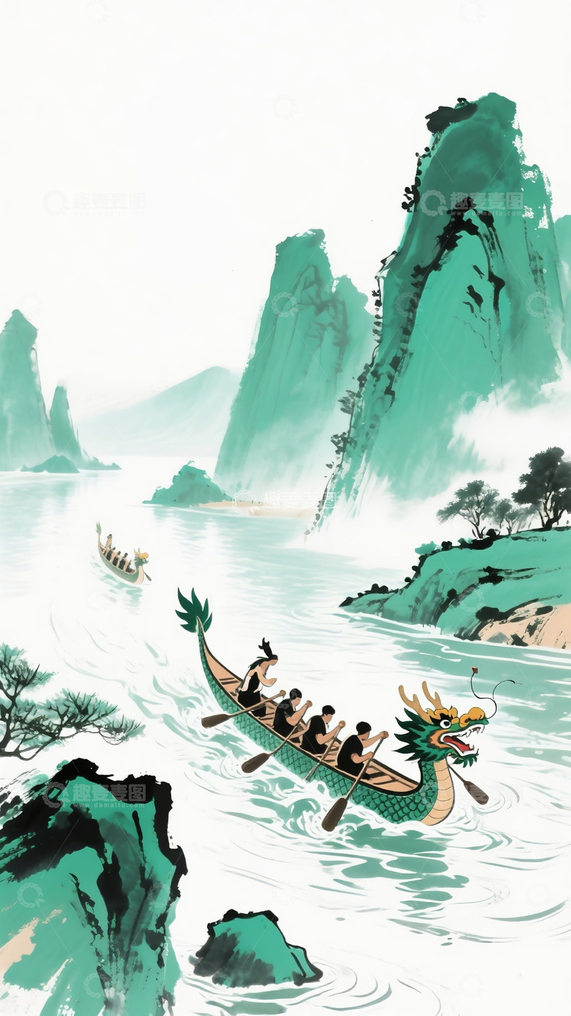 高清大图下载【趣麦麦图】青山绿水龙舟争渡