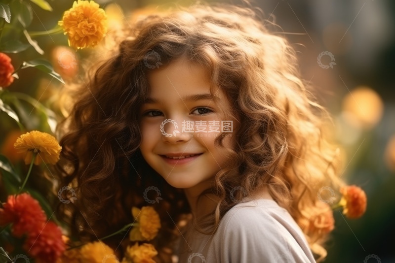 高清大图下载【趣麦麦图】-花丛中的卷发小女孩