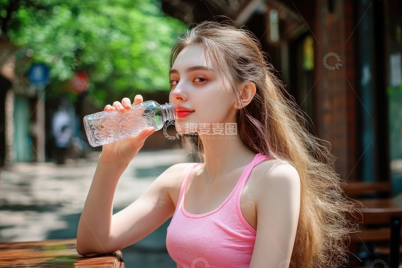 高清大图下载【趣麦麦图】拿着瓶子喝水的美少女