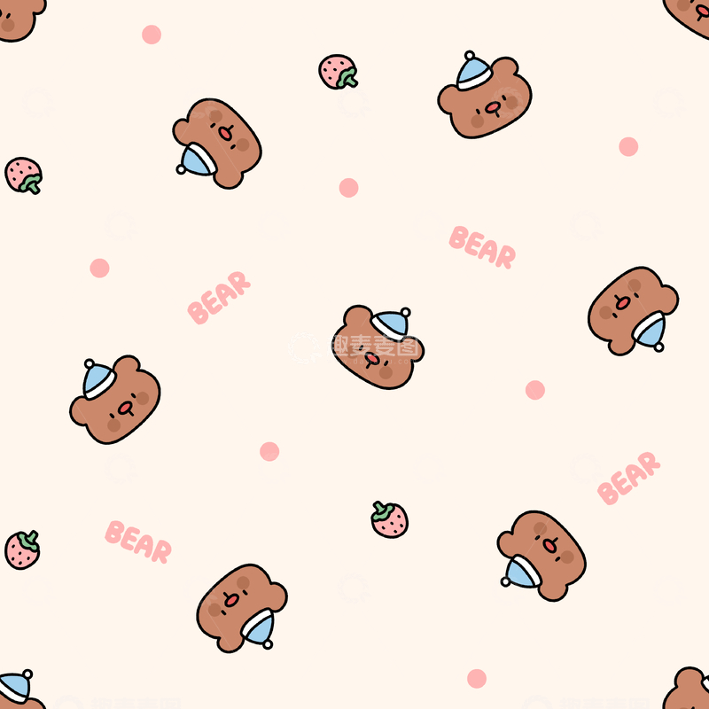 源文件下载【趣麦麦图】-草莓小熊四方连续印花图案
