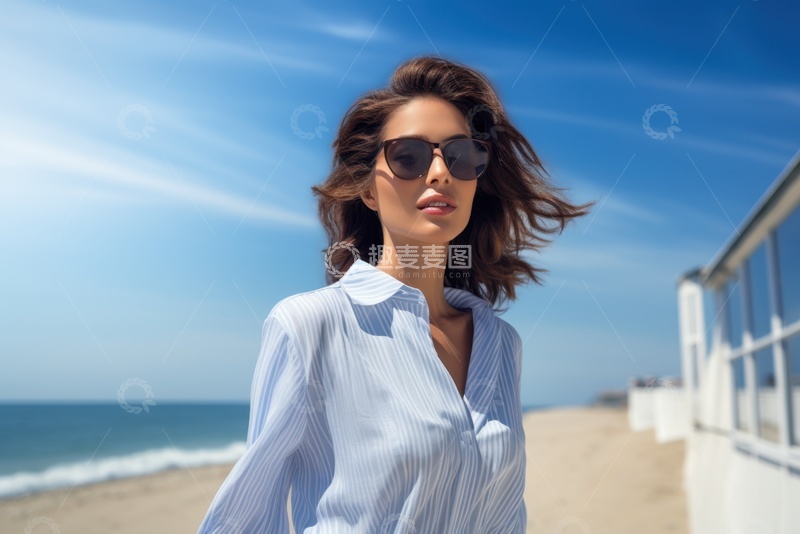 高清大图下载【趣麦麦图】带着墨镜在海边度假的女士