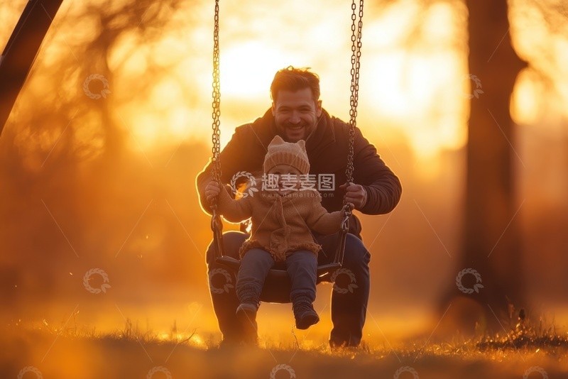 高清大图下载【趣麦麦图】父亲推着小孩荡秋千