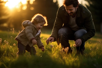 草地上玩耍父亲和小孩