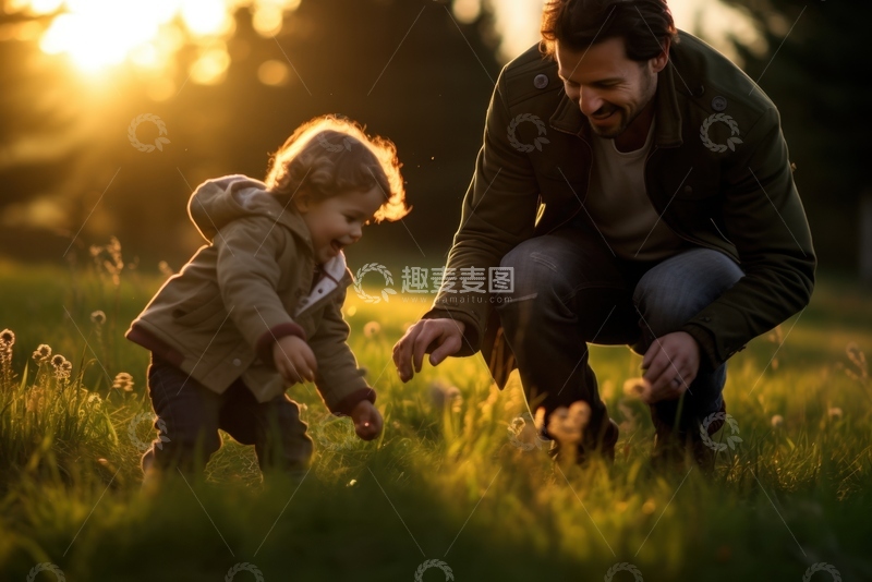 高清大图下载【趣麦麦图】草地上玩耍父亲和小孩