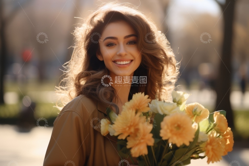 高清大图下载【趣麦麦图】抱着一束菊花微笑的女孩