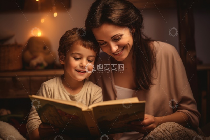 高清大图下载【趣麦麦图】母亲和小孩读睡前故事