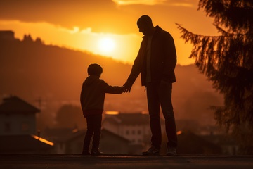 黄昏下父亲拉着小孩