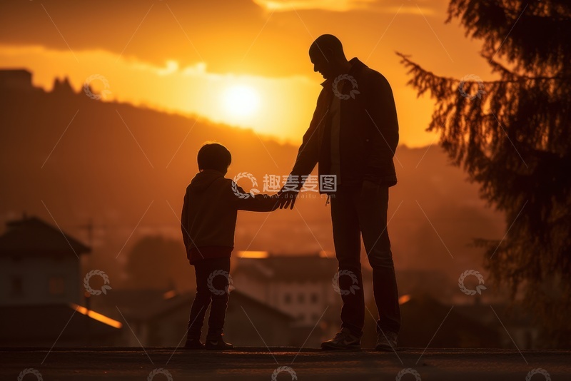 高清大图下载【趣麦麦图】黄昏下父亲拉着小孩