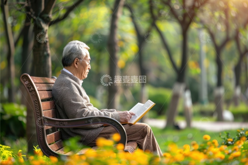 高清大图下载【趣麦麦图】坐在公园长椅上的老爷爷