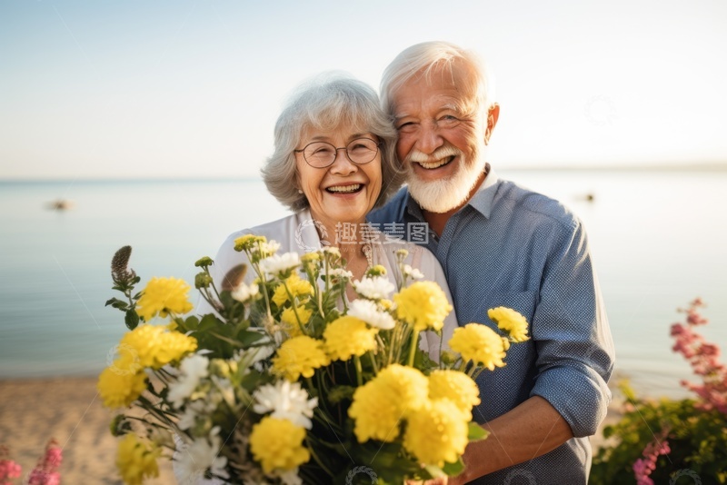 高清大图下载【趣麦麦图】拿着鲜花束的老年夫妻