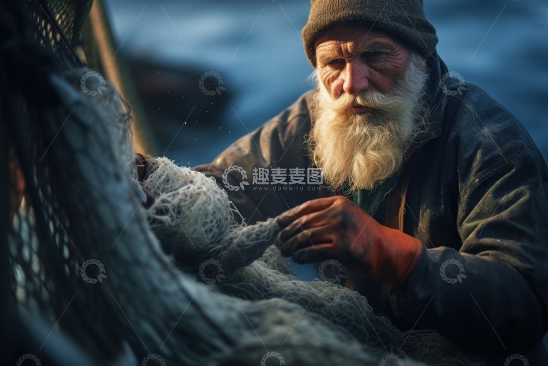 高清大图下载【趣麦麦图】-整理渔网的一位老人