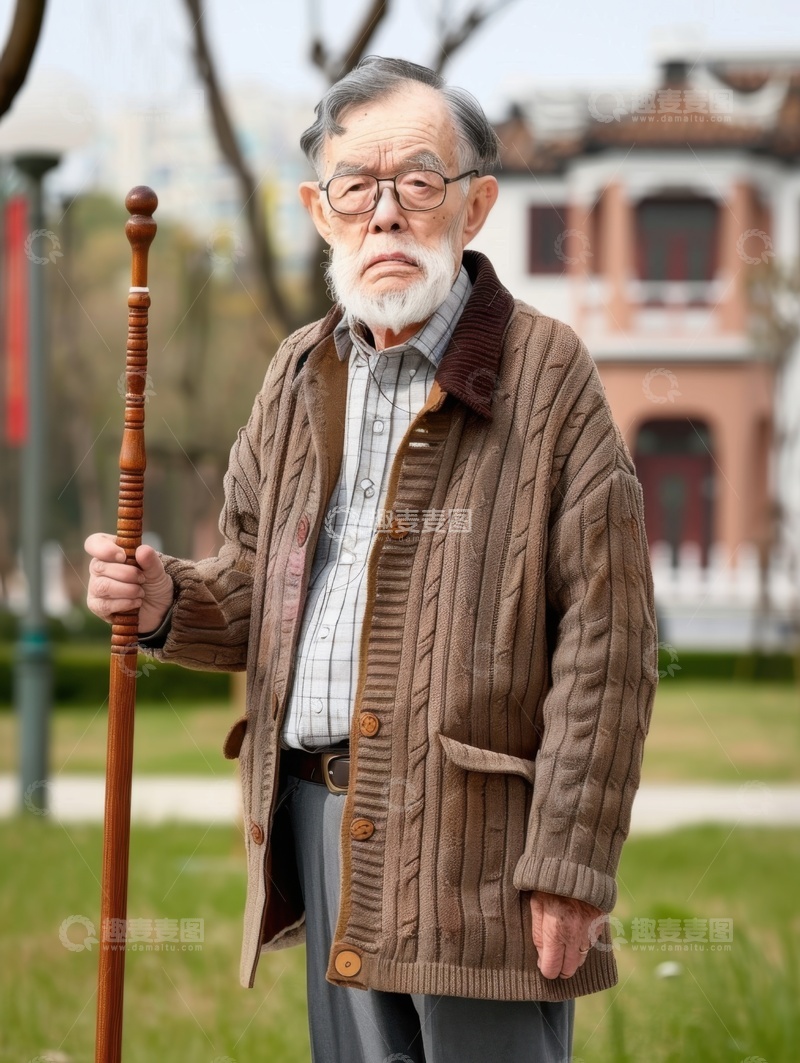 高清大图下载【趣麦麦图】拄着拐杖的老人
