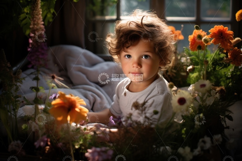 高清大图下载【趣麦麦图】坐在花丛中的小男孩