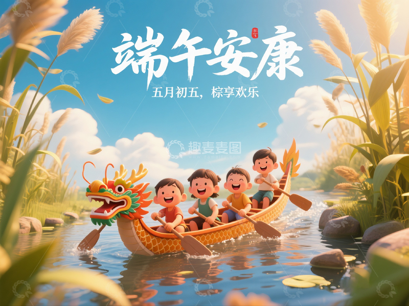 高清大图下载【趣麦麦图】端午节海报横版3D渲染风格1