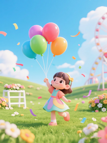 3d渲染小女孩抓气球场景