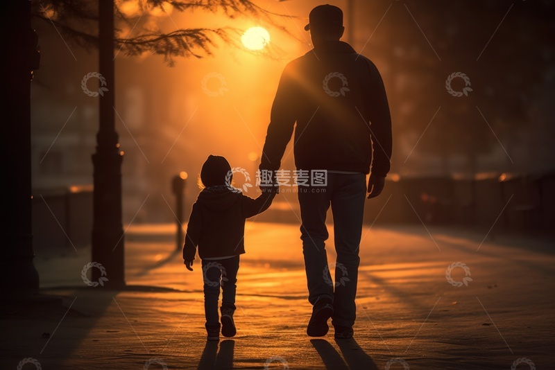 高清大图下载【趣麦麦图】黄昏下父亲拉着小男孩