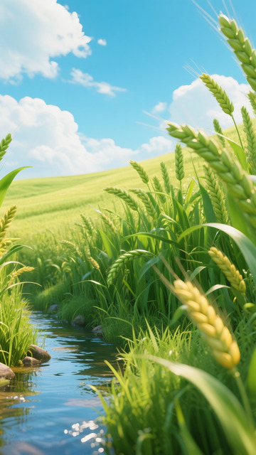 绿色麦田小溪蓝天3D