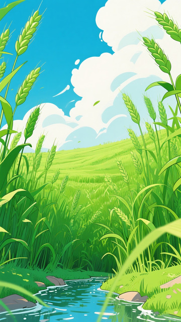 麦田小溪蓝天漫画背景