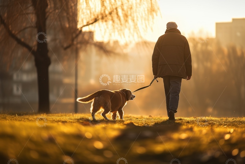 高清大图下载【趣麦麦图】公园里遛狗的老人1