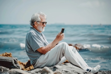 坐在海边度假的老人