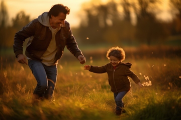 草地上玩耍的父亲和孩子