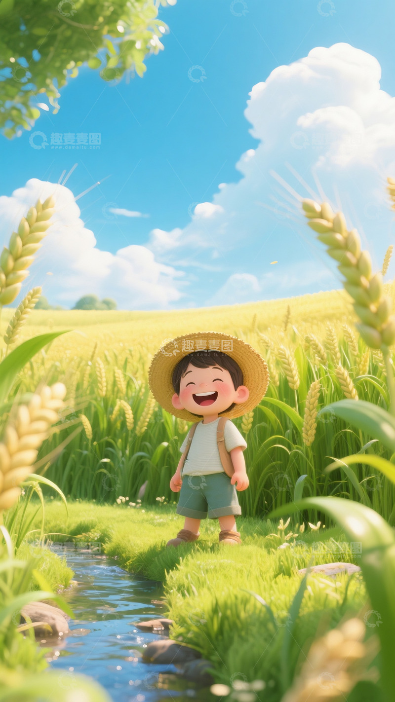 高清大图下载【趣麦麦图】麦田里大笑的男孩