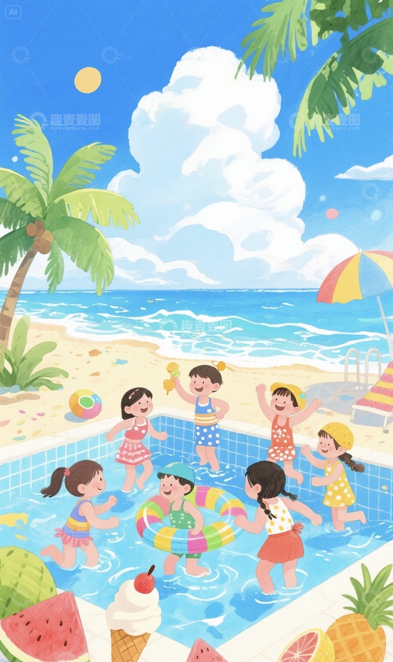 高清大图下载【趣麦麦图】夏日海边插画2