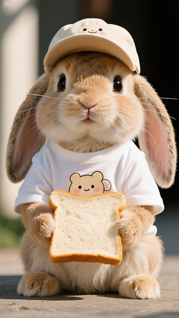 毛茸茸小兔子穿着T恤带着帽子