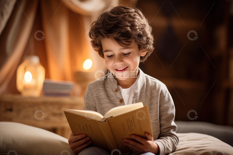 高清大图下载【趣麦麦图】坐在床上看书的小男孩