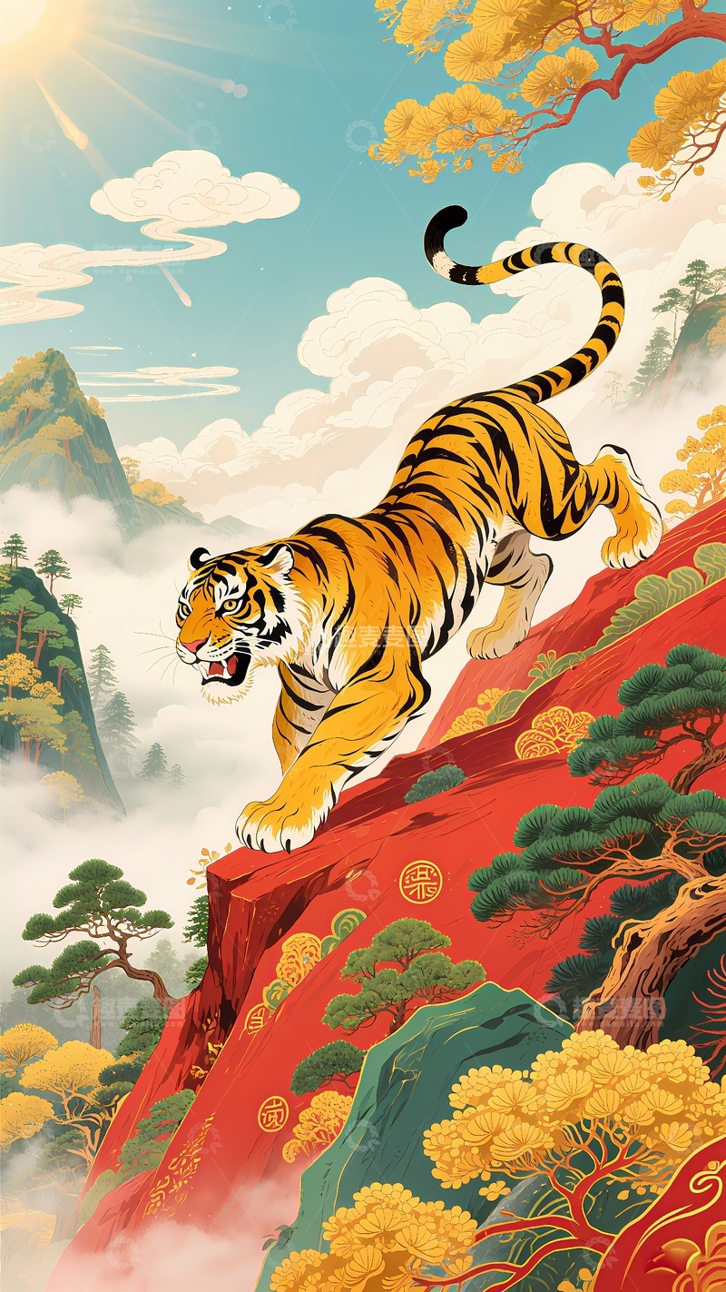 高清大图下载【趣麦麦图】猛虎下山年画