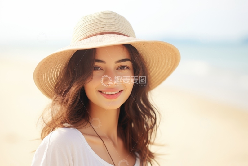 高清大图下载【趣麦麦图】在沙滩带着草帽女士
