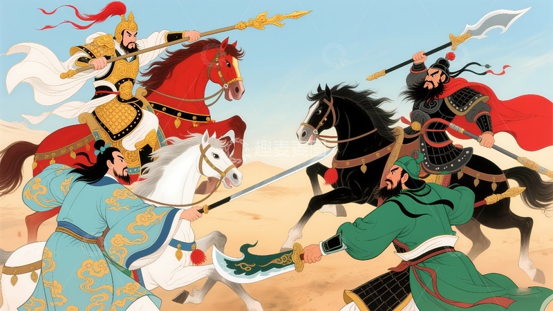 高清大图下载【趣麦麦图】三英战吕布插画1