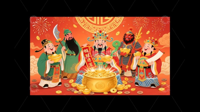 高清大图下载【趣麦麦图】五路财神年画