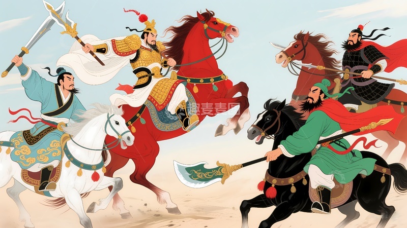 高清大图下载【趣麦麦图】三英战吕布插画