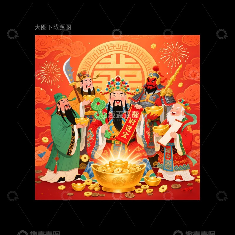 高清大图下载【趣麦麦图】五路财神年画图片