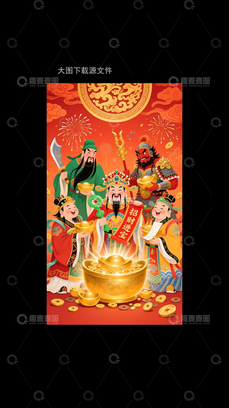 高清大图下载【趣麦麦图】五路财神年画1