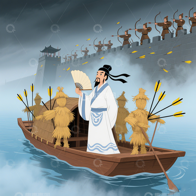 高清大图下载【趣麦麦图】草船借箭插画摄影