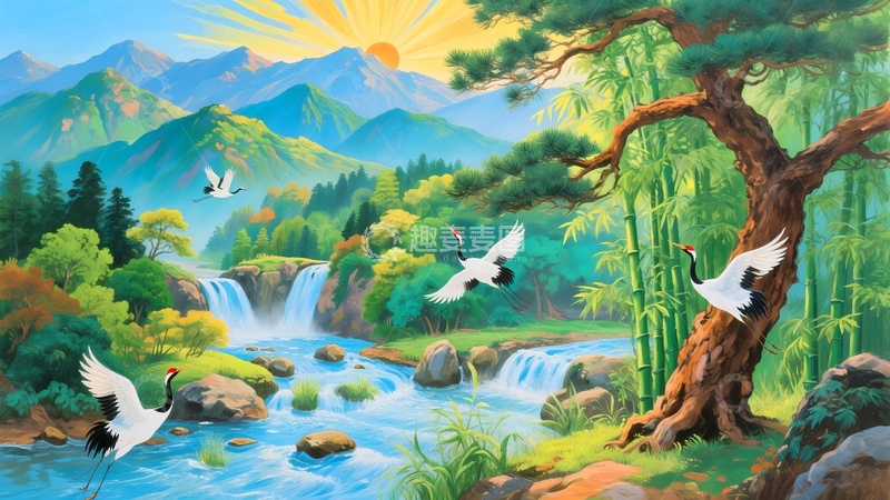 高清大图下载【趣麦麦图】迎客松山水画7