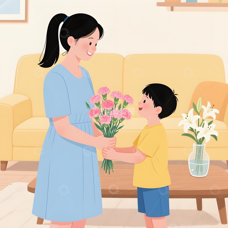 母亲节送花插画小男孩送花给妈妈矢量插画