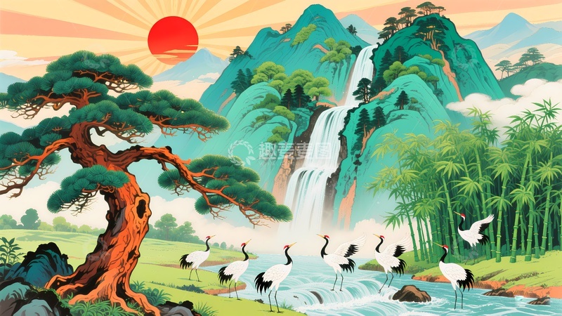 高清大图下载【趣麦麦图】迎客松山水画9