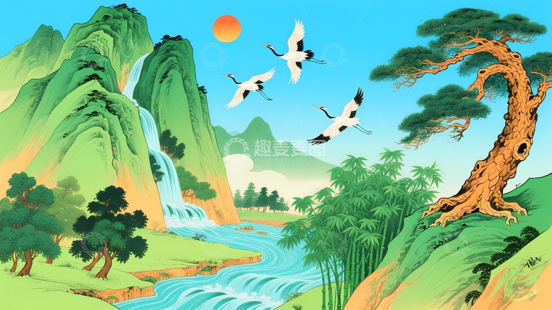 高清大图下载【趣麦麦图】迎客松山水画8