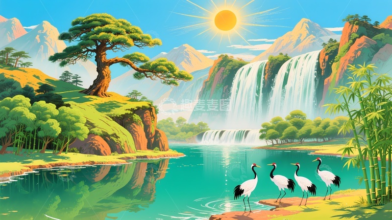 高清大图下载【趣麦麦图】迎客松山水画2