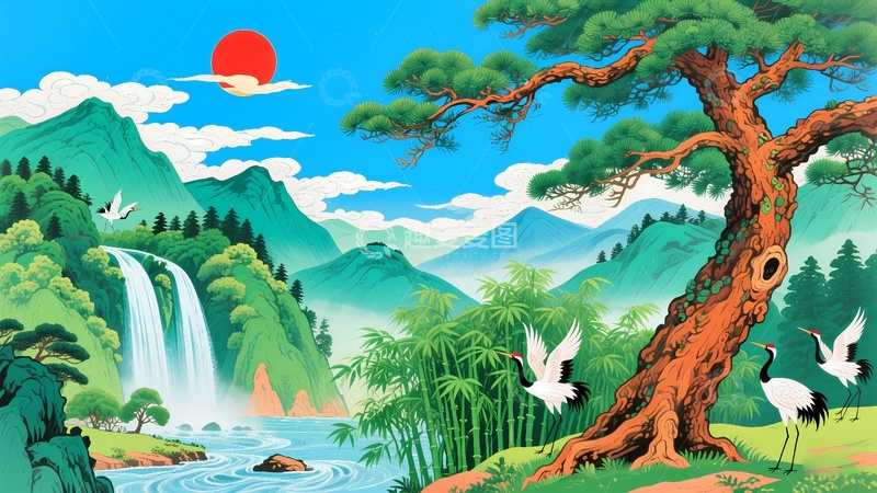 高清大图下载【趣麦麦图】迎客松山水画1